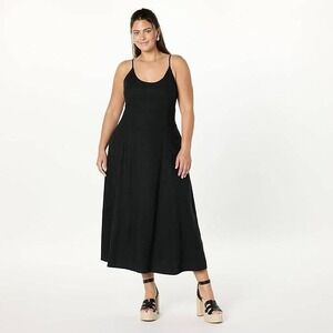 The Drop Luna Linen | Scoop Neck |  Maxi Dress Black XXL  Smocked Back Pockets